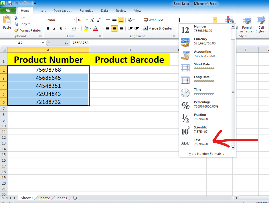 Excel general number to text